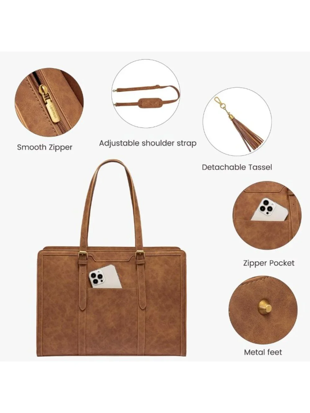 Stylish Vintage Leather Laptop Tote Bag for Women, 15.6